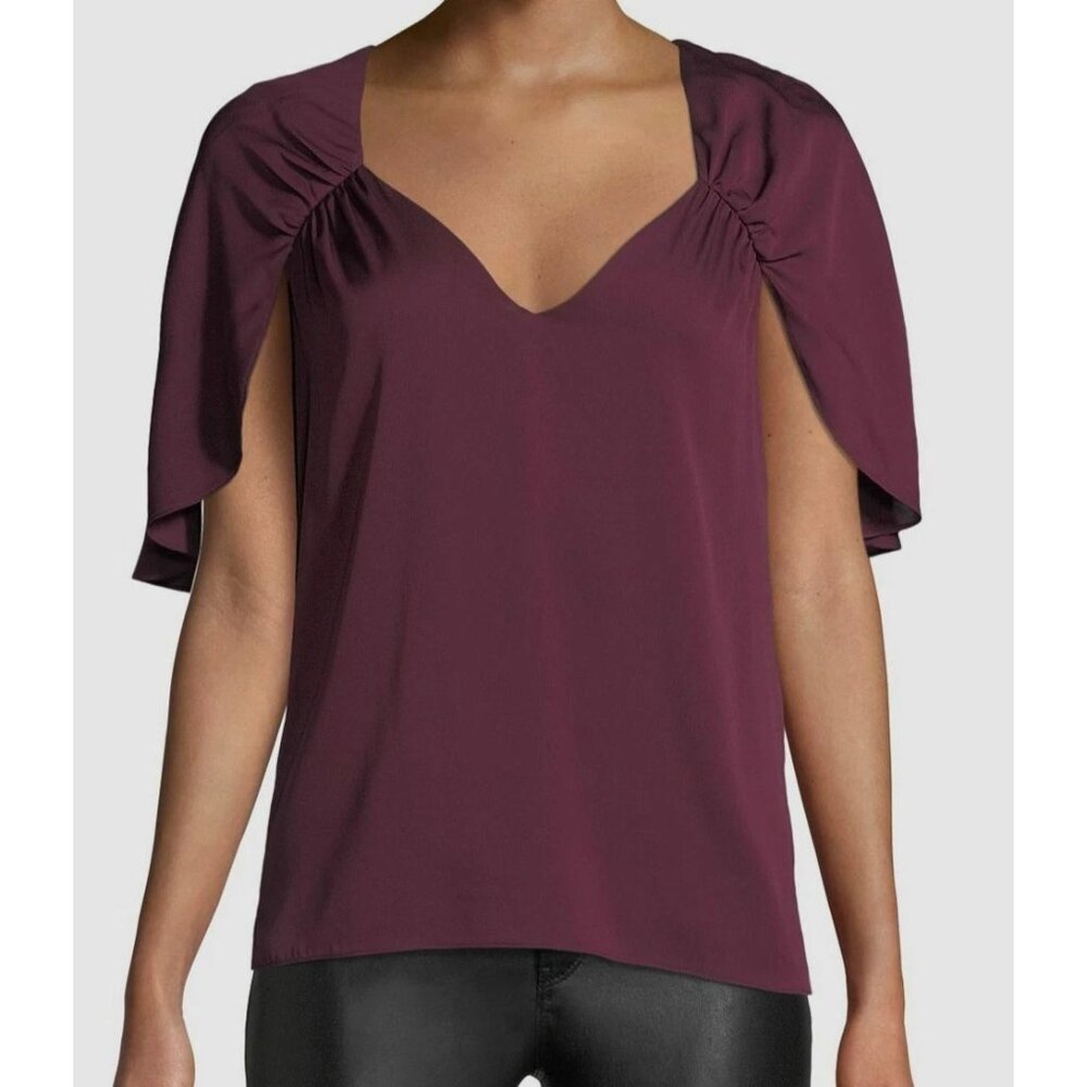 Milly Romy V-Neck Cape-Back Stretch-Silk Top Plum Size Small